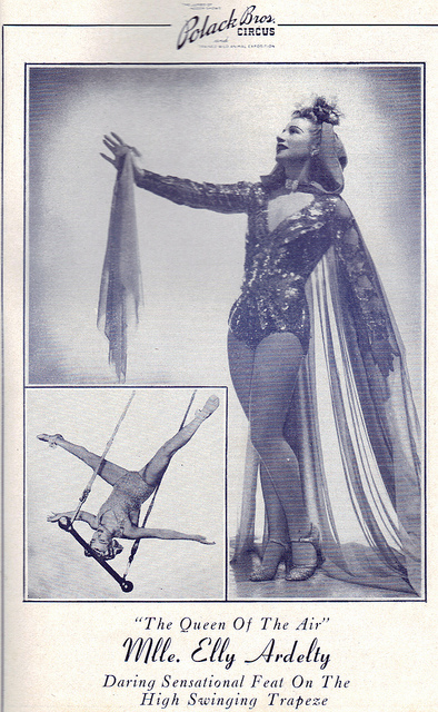 Publicity sheet from Polack Bros. Circus with two pictures of Elly Ardelty, one in a gown and the other on the trapeze.
