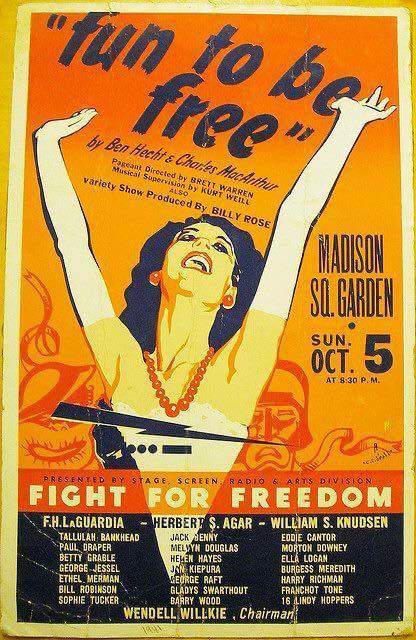 "Fun to be Free" poster featuring woman with her hands thrown in the air, stylized comedy and tragedy masks behind her. Long list of performers at bottom.