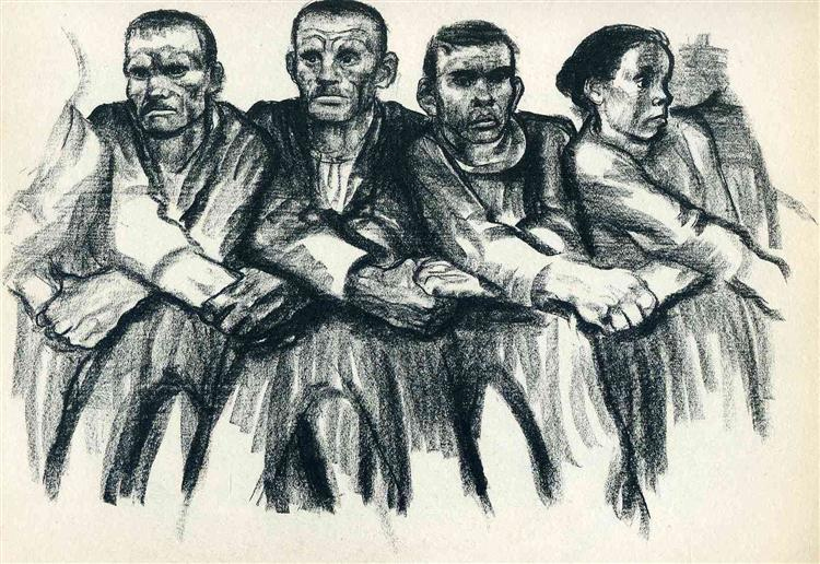 Etching "Solidarity" by Käthe Kollwitz, shows three men and a woman with crossed-over linked arms. The arrangement suggests that the pattern continuse beyond the four depicted.
