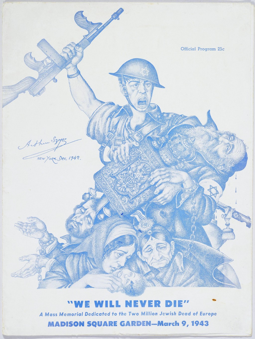 Cover of the program for 'We Will Never Die'. A soldier holds aloft a machine gun while cradling a dead or dying rabbi. Other figures, living and dead, huddle below.