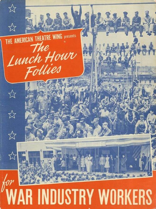 "Lunch Hour Follies" brochure cover showing improvised outdoor performance space, including many of the all-male audience up on rafters.